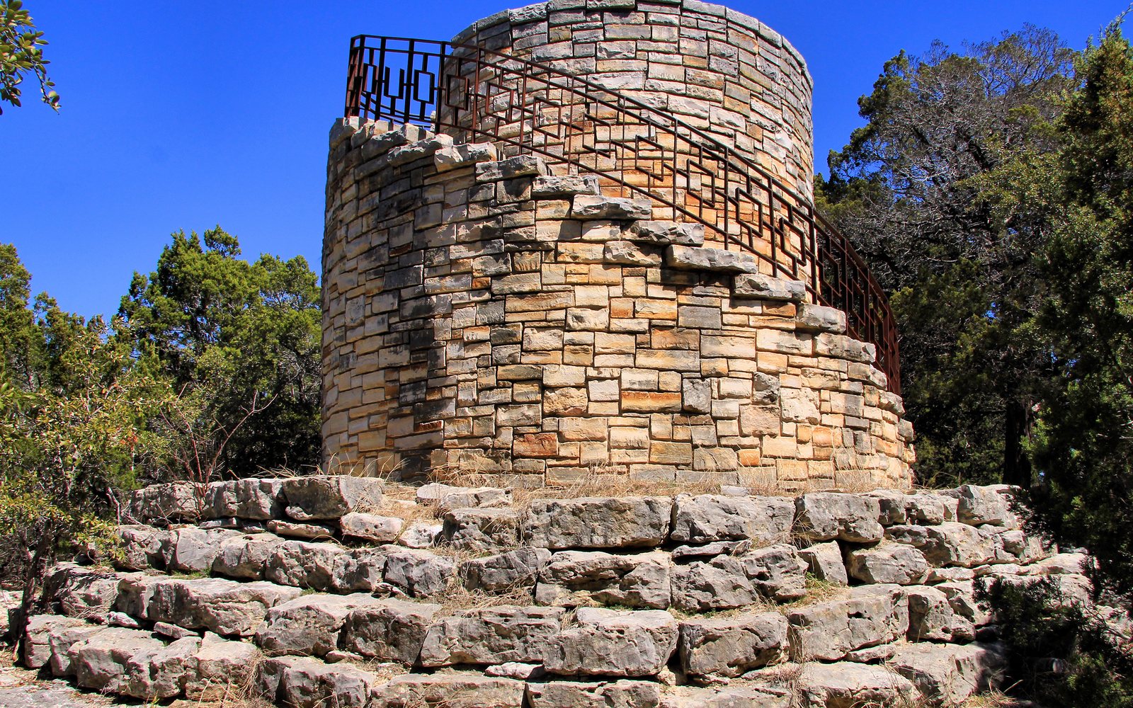 A round stone lookout tower at Mother Neff State Park